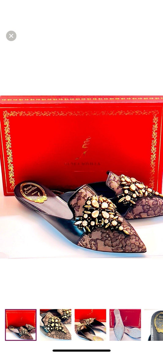 Rene Caovilla Ballerina Black Lace Lamb Mules size 9.5 NWT