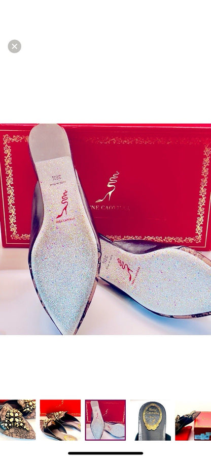 Rene Caovilla Ballerina Black Lace Lamb Mules size 9.5 NWT