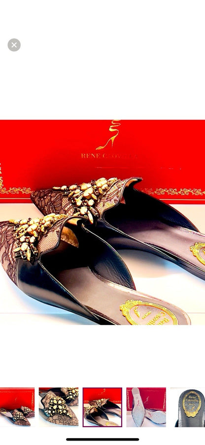 Rene Caovilla Ballerina Black Lace Lamb Mules size 9.5 NWT