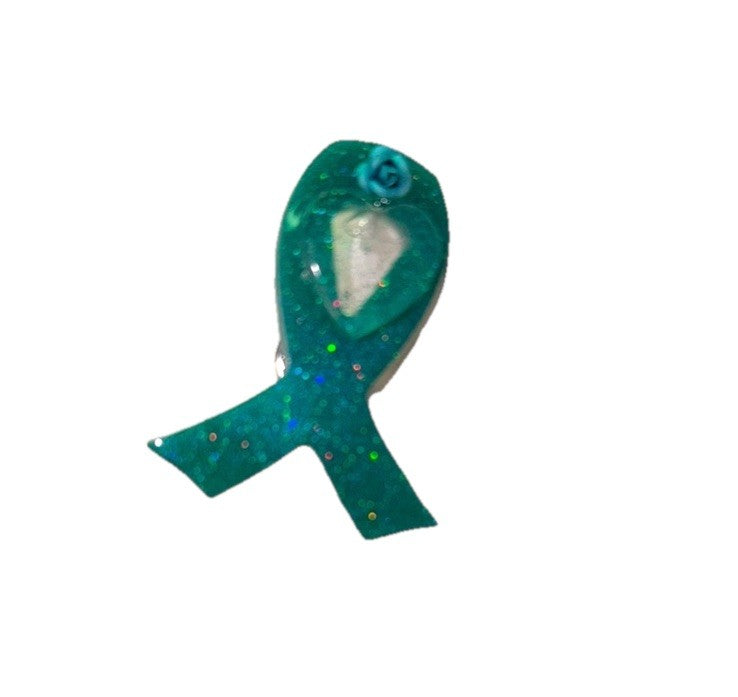 Glittery Teal Awareness Ribbon Pin, handmade out of resin