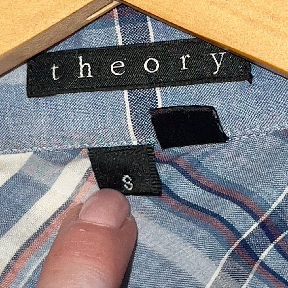 THEORY Plaid Blouse in Blue, Small