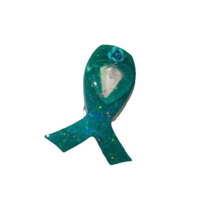 Glittery Teal Awareness Ribbon Pin, handmade out of resin